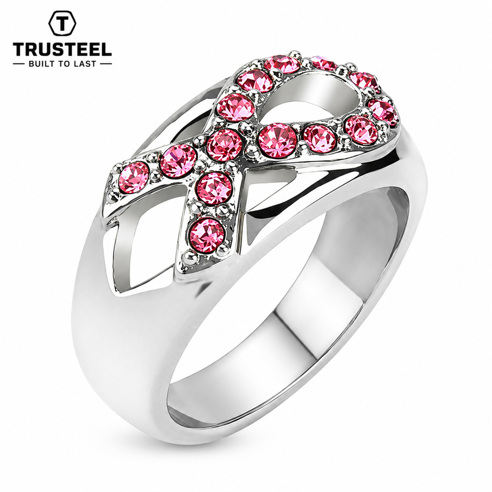 Breast Cancer Awareness Ring Pink CZ Ribbon Stainless Steel Band size 5